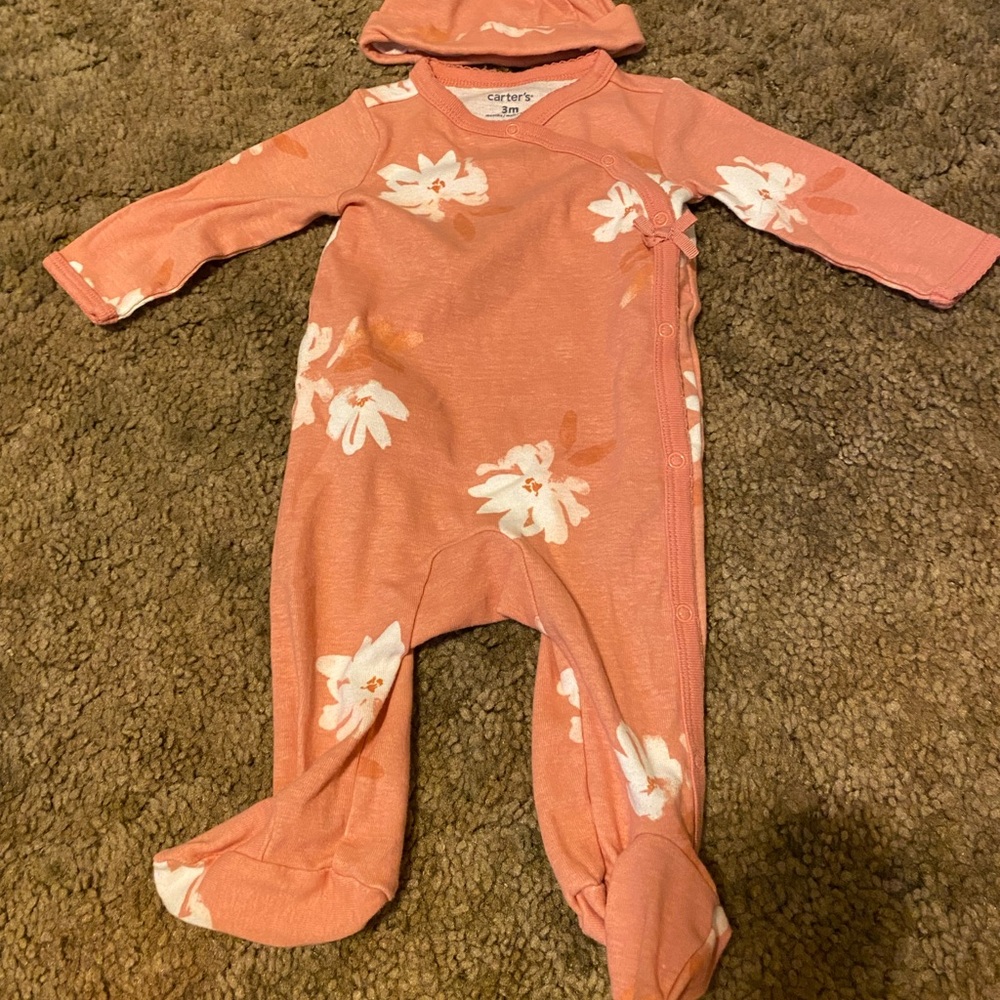 Carter's Pink Floral Kids One Piece and Matching Beanie
